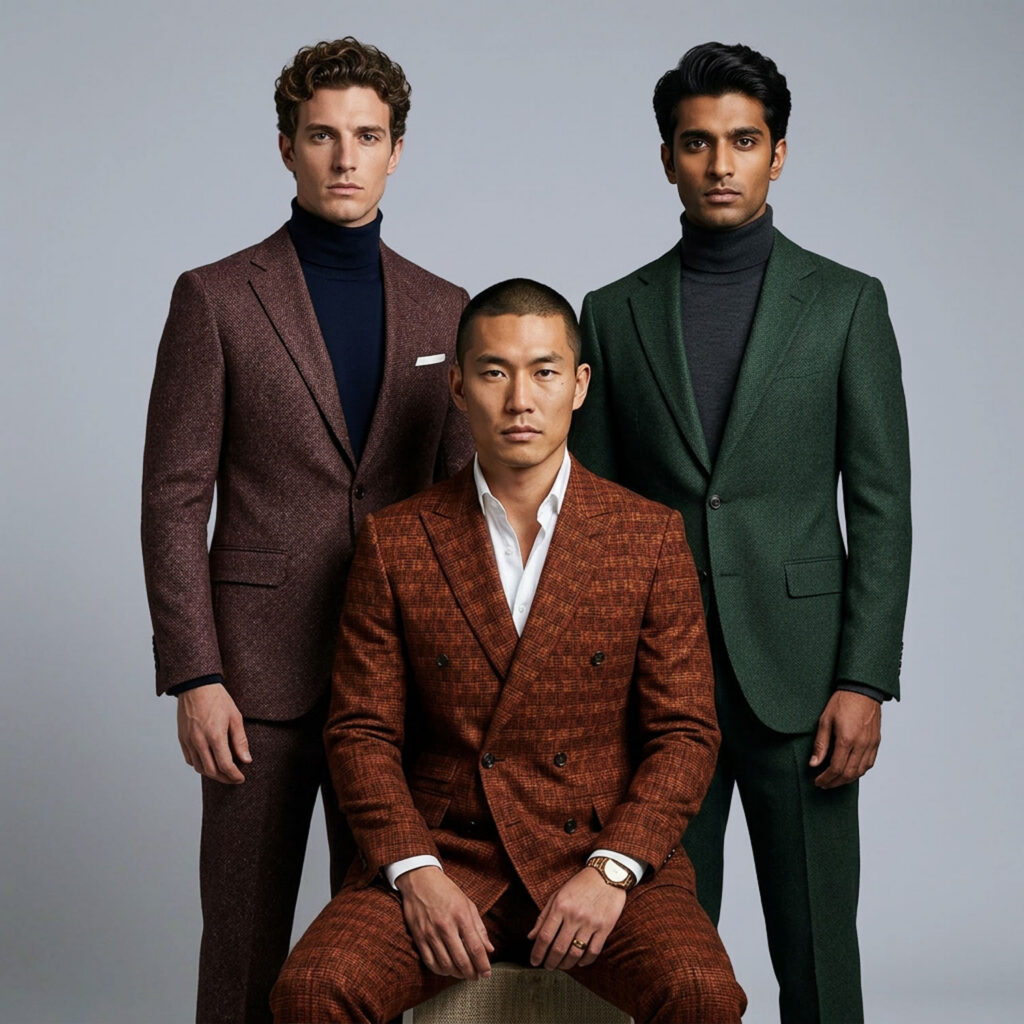 Three men in tailored suits posing in studio wearing brown, rust, and green formal attire