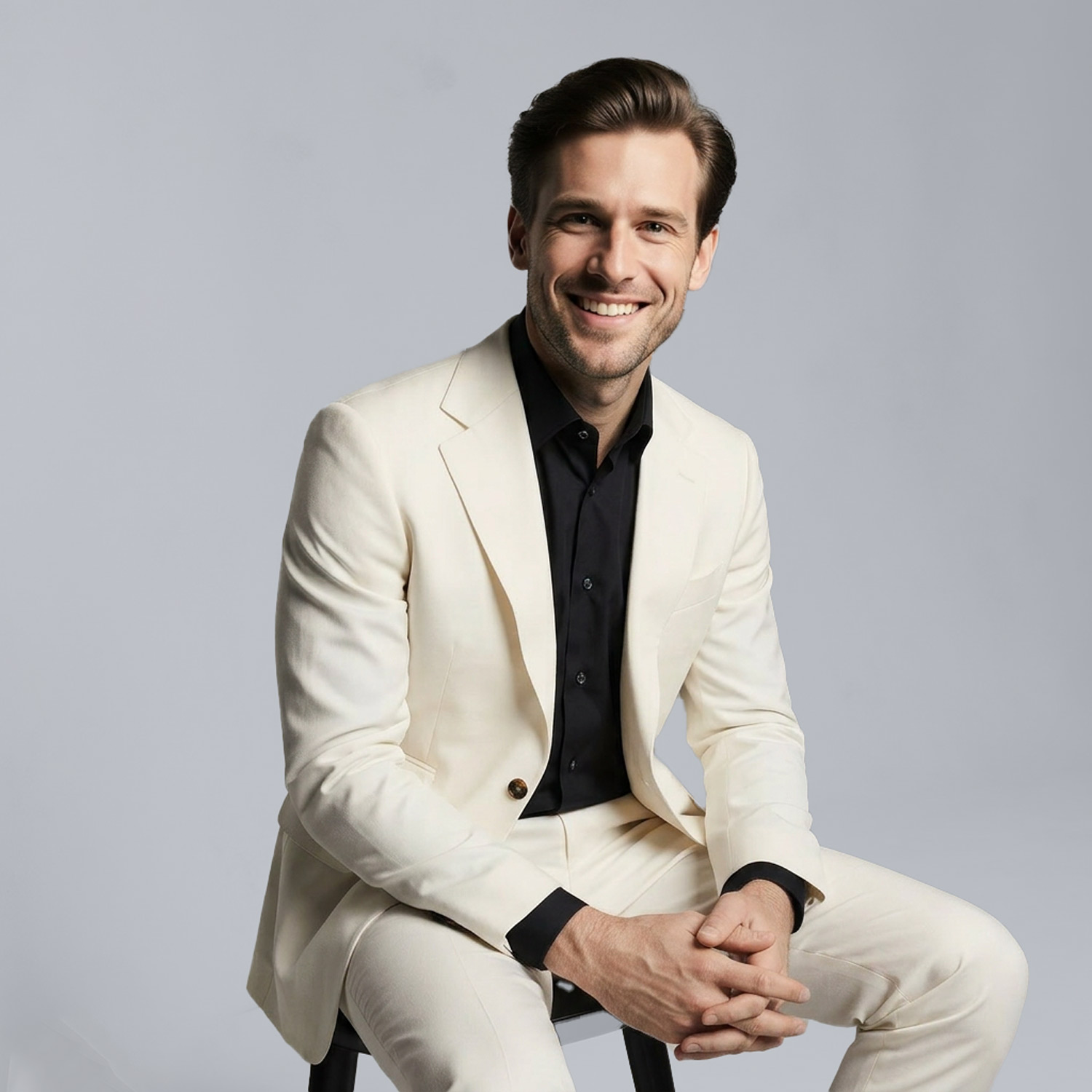 Man in cream suit with black shirt smiling while seated in studio