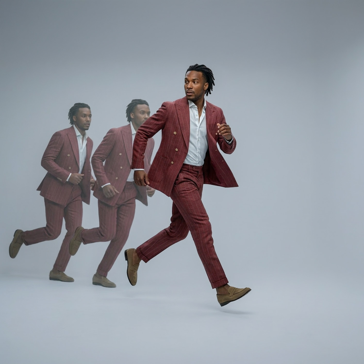 Man in burgundy suit captured in motion sequence running across studio background