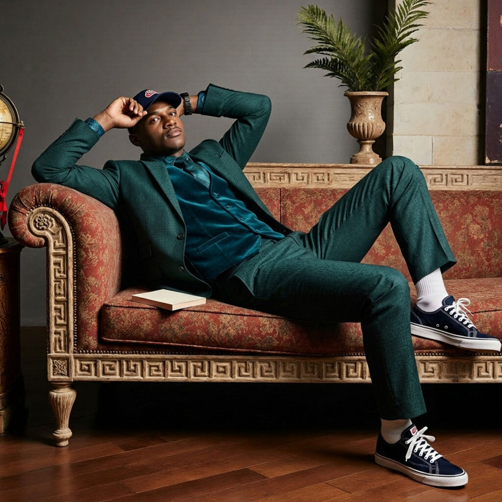 Man in green tailored suit reclining on vintage sofa wearing sneakers and cap