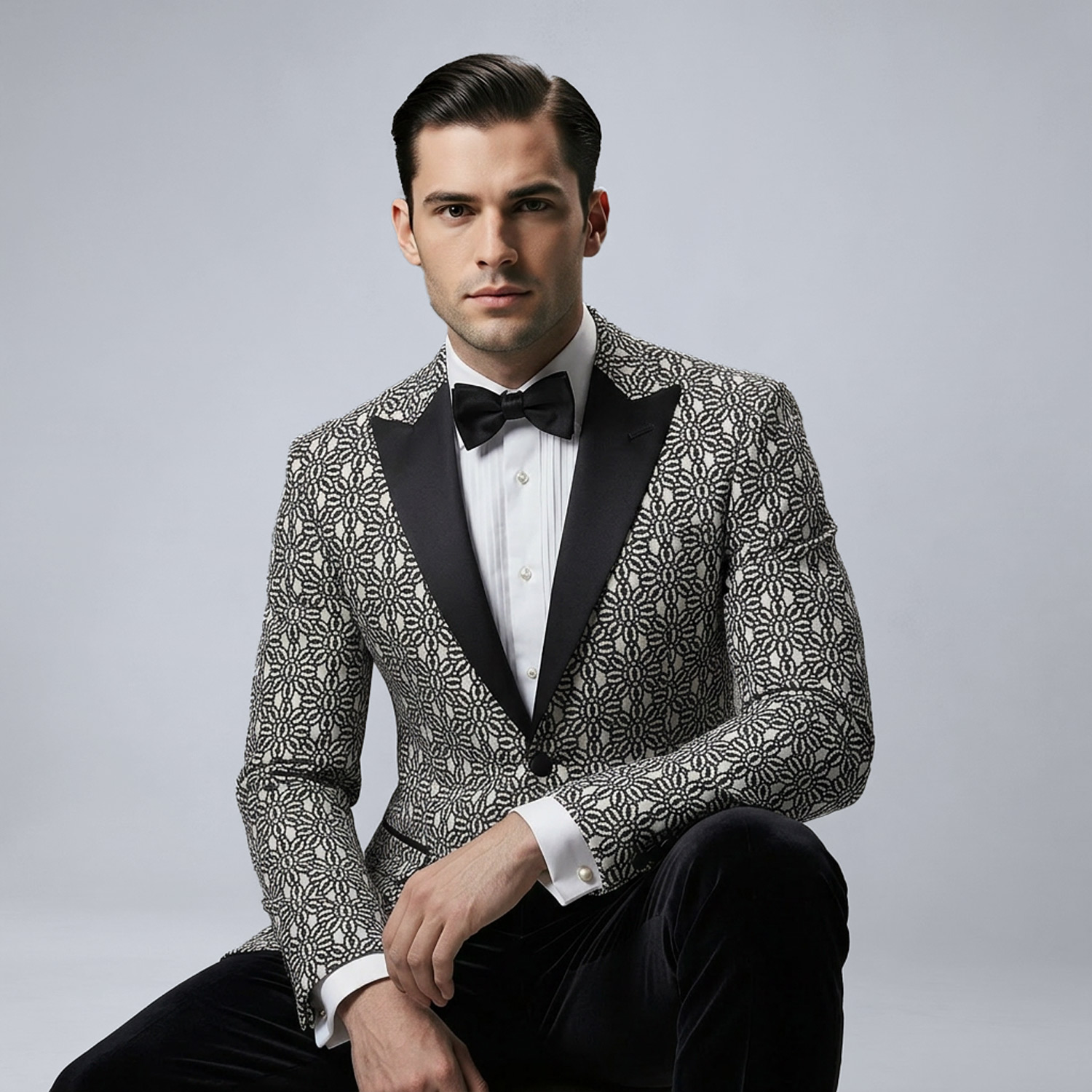 Man in patterned tuxedo jacket with black lapels seated in a studio against a grey background