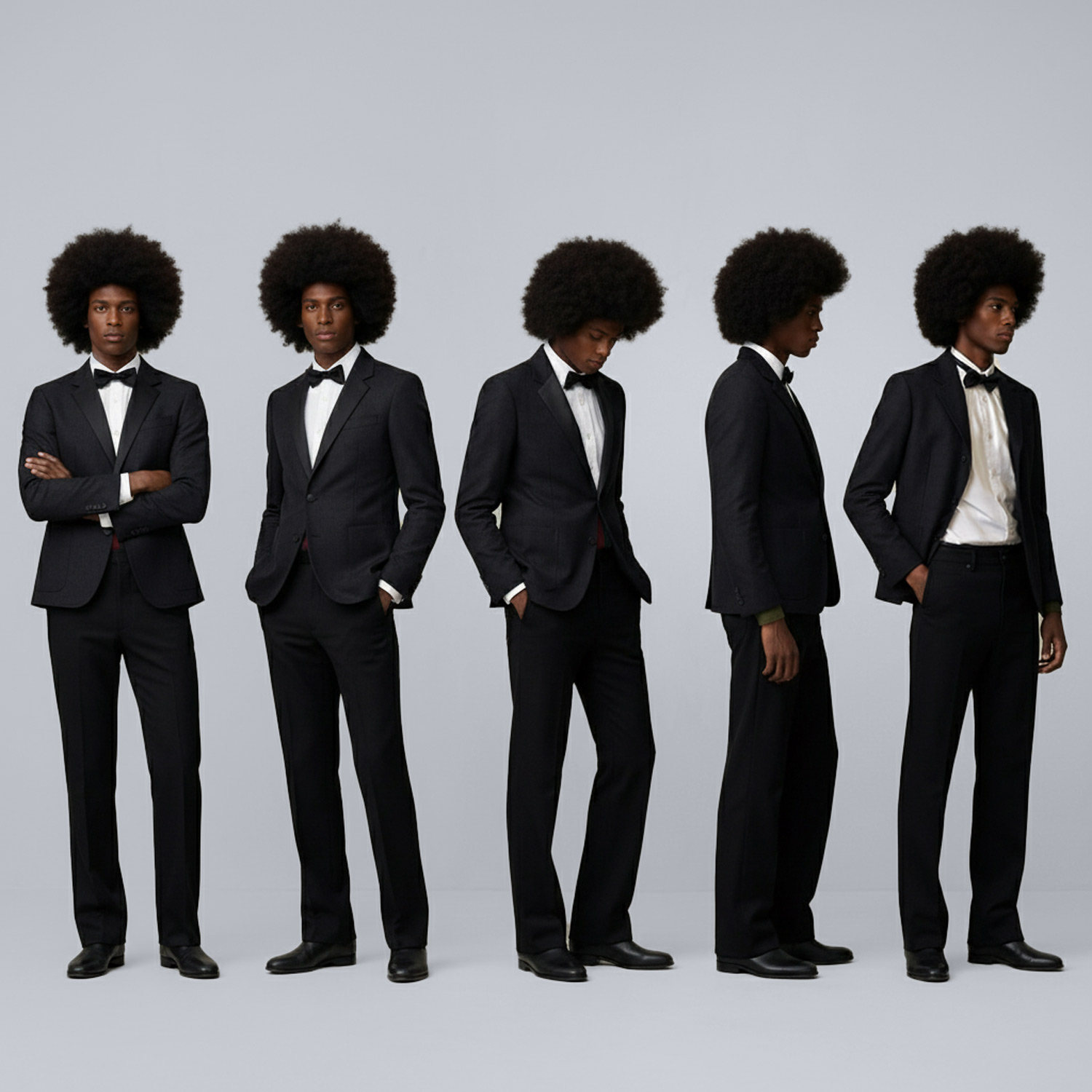 Black male model in tailored black tuxedo shown in multiple poses against a clean studio background