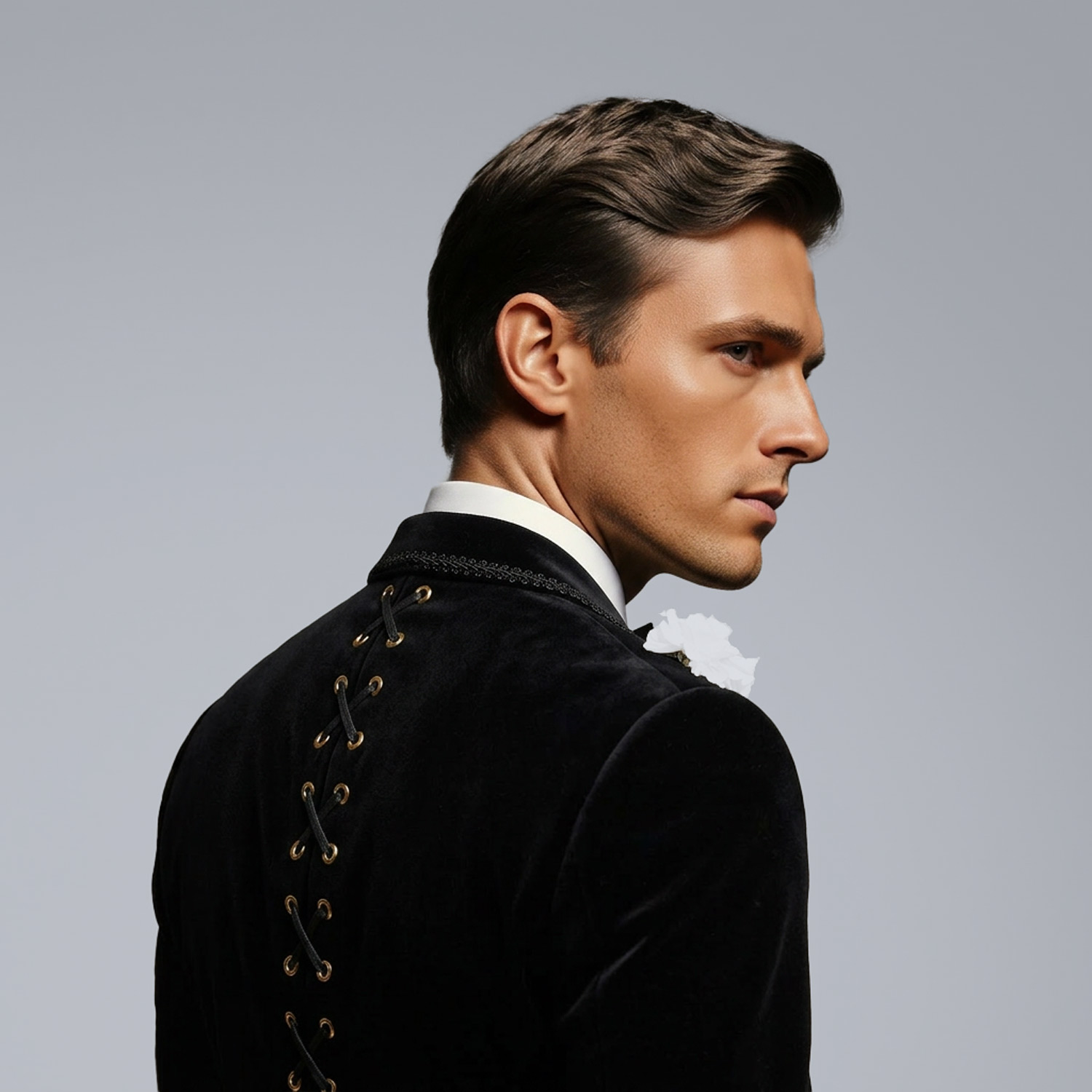 Man in black tailored jacket with lace-up back detail looking over shoulder in studio