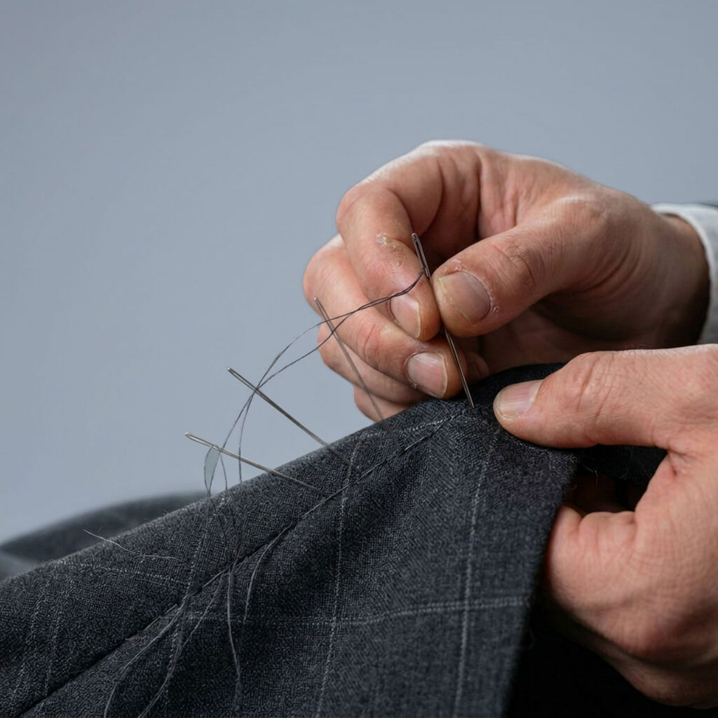Close-up of tailor hand stitching grey suit fabric with needle and thread