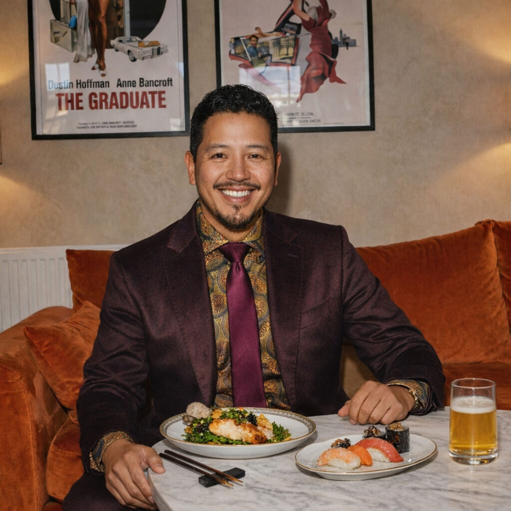 Man in burgundy suit dining with sushi and beer in stylish restaurant setting