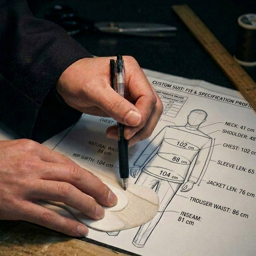 Tailor marking measurements on custom suit fitting diagram with fabric