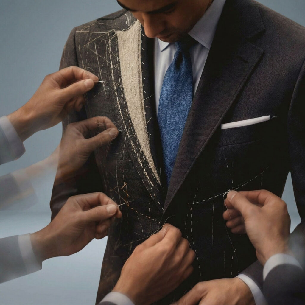Tailors adjusting suit jacket with pins and stitching details on a client
