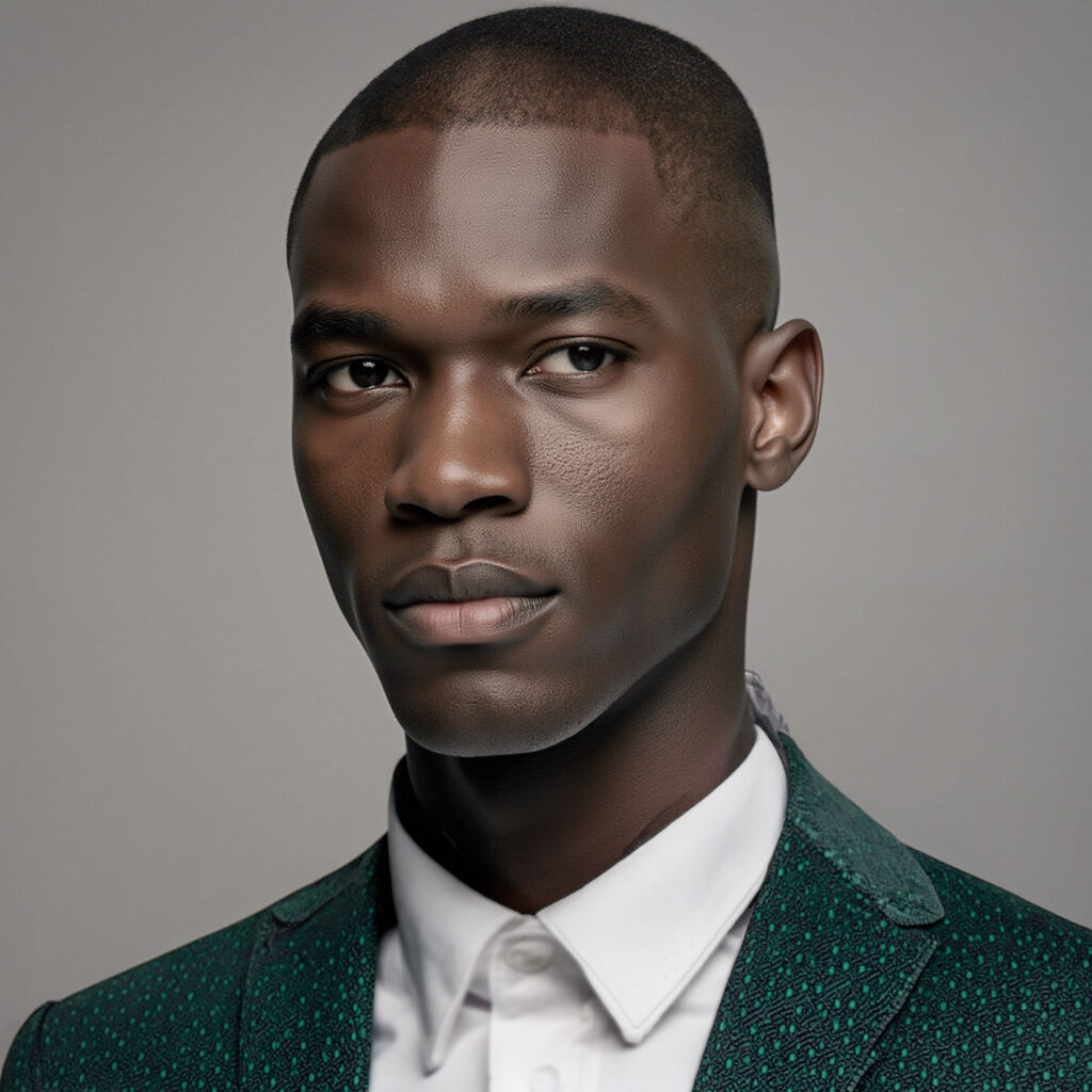 Close-up portrait of man in green textured tailored jacket and white shirt in studio