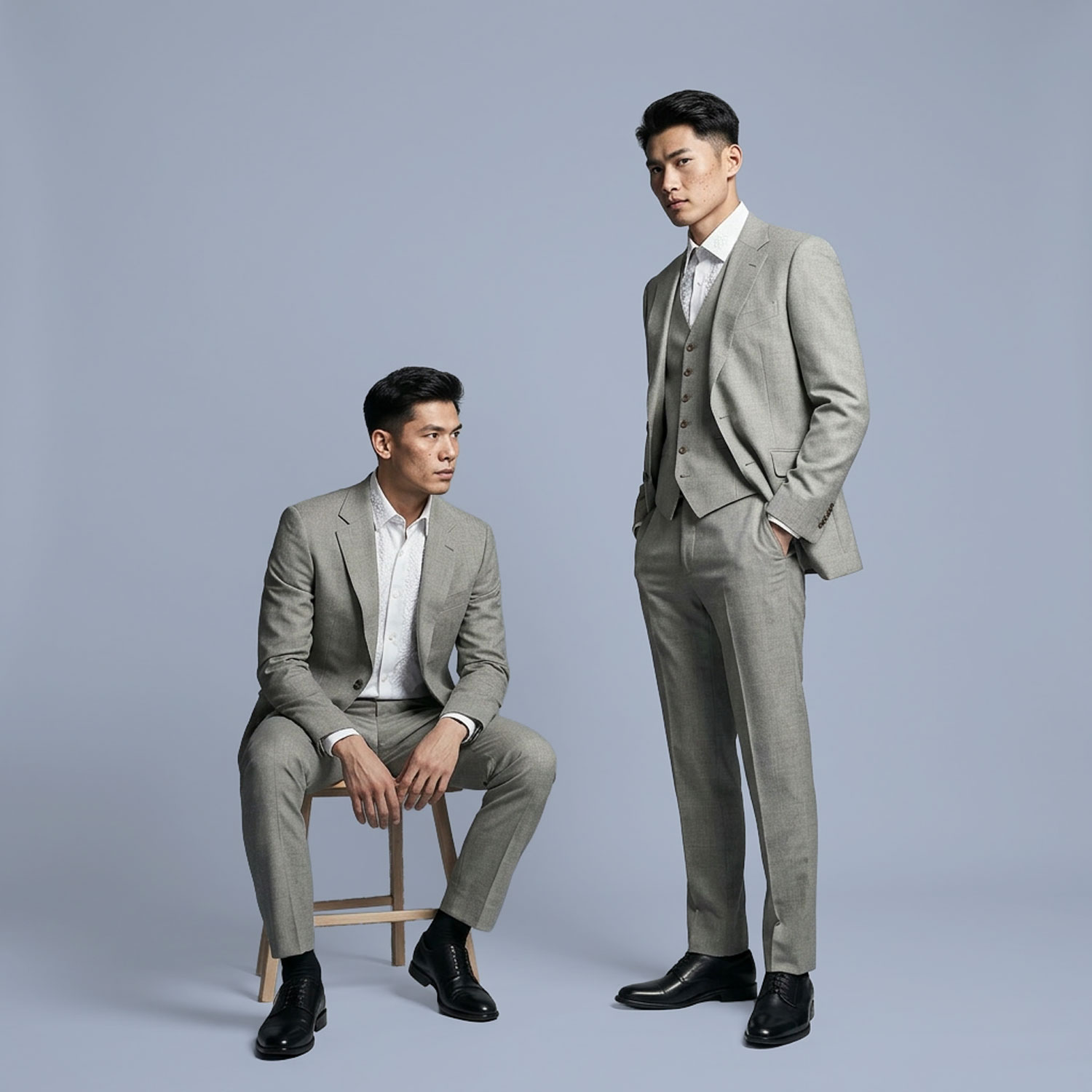 Two men in light gray tailored suits, one seated and one standing, in studio setting