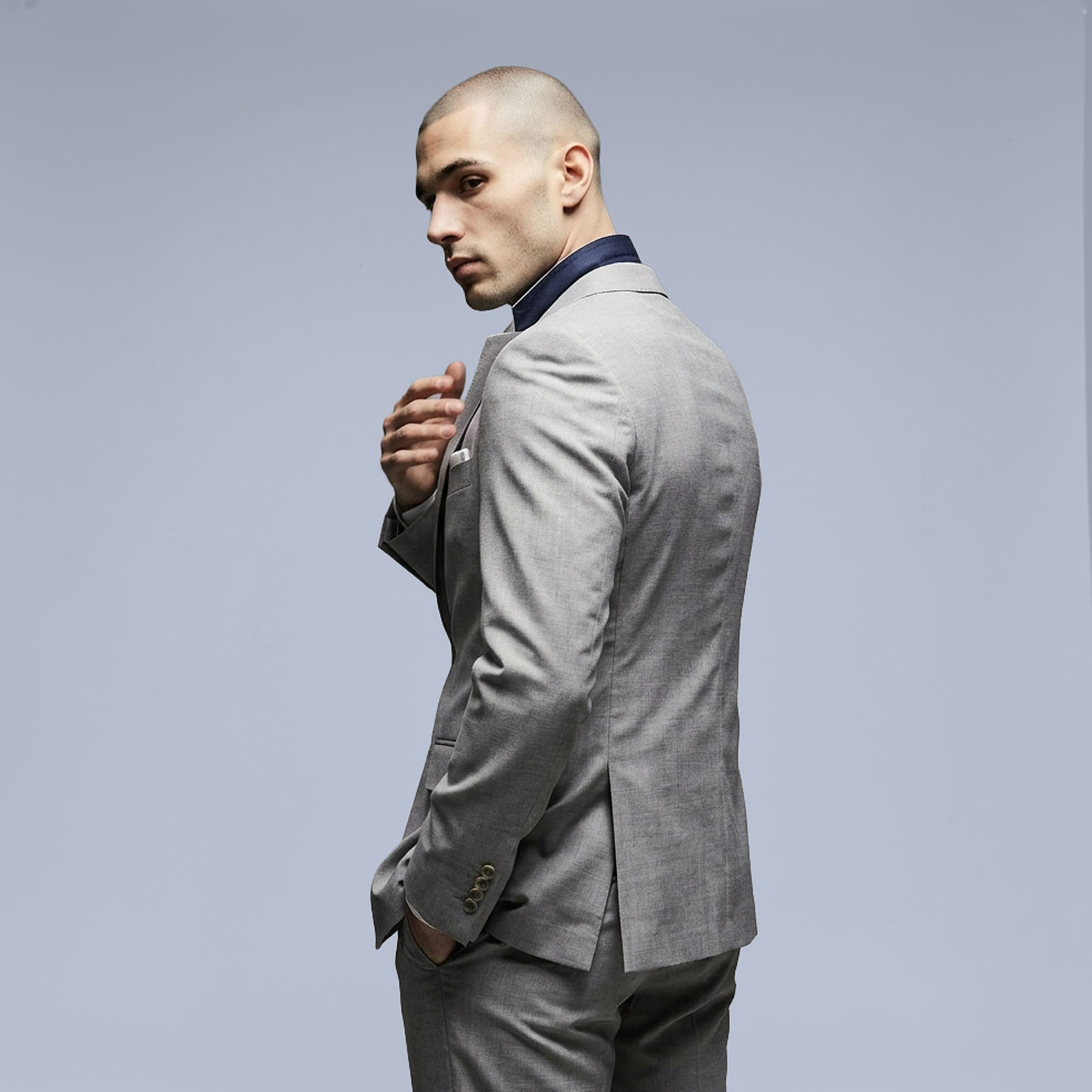 Man in light gray tailored suit looking over shoulder in studio setting